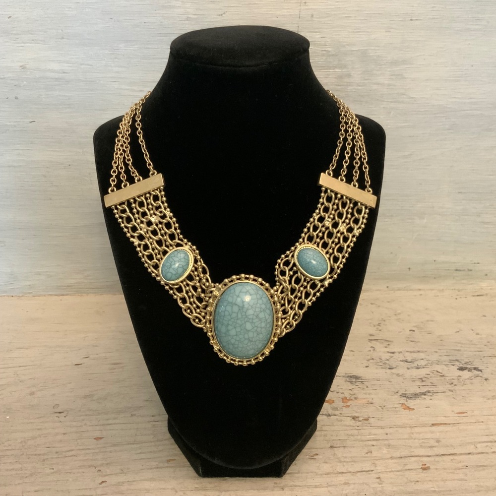 Gold Tone Faux Turquoise Multistrand Draped Chain Bib Collar Necklace 18-20" GC